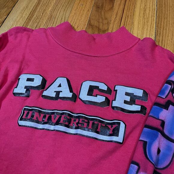 Vintage Pace University Long Sleeve Shirt S Champion USA 90s Airbrush Lopsided - Picture 2 of 9